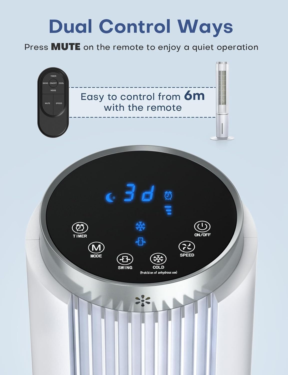 HIFRESH Air Cooler for Home, Mute Operation, 107CM Tower Cooler w/Remote & LED Display, 4 Mode & 3 Speed, 12H Timer, 26 Feet Air Delivery, 4L Water Tank, 4 Ice Packs, 70° Swing Control, 80W Low Power - Image 2