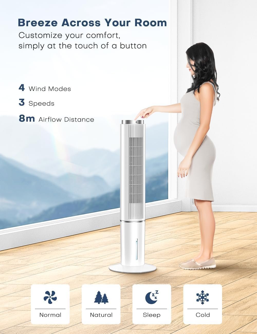 HIFRESH Air Cooler for Home, Mute Operation, 107CM Tower Cooler w/Remote & LED Display, 4 Mode & 3 Speed, 12H Timer, 26 Feet Air Delivery, 4L Water Tank, 4 Ice Packs, 70° Swing Control, 80W Low Power - Image 3