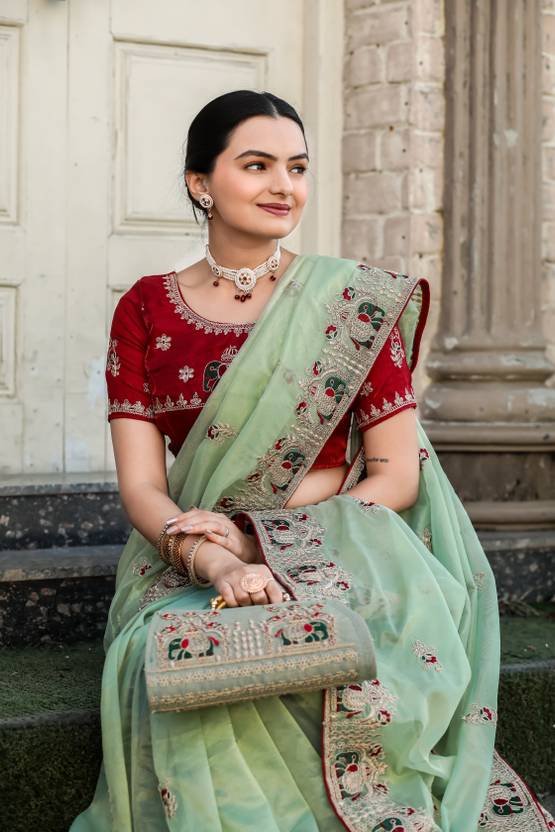 Embroidered Baluchari Organza Saree (Light Green)