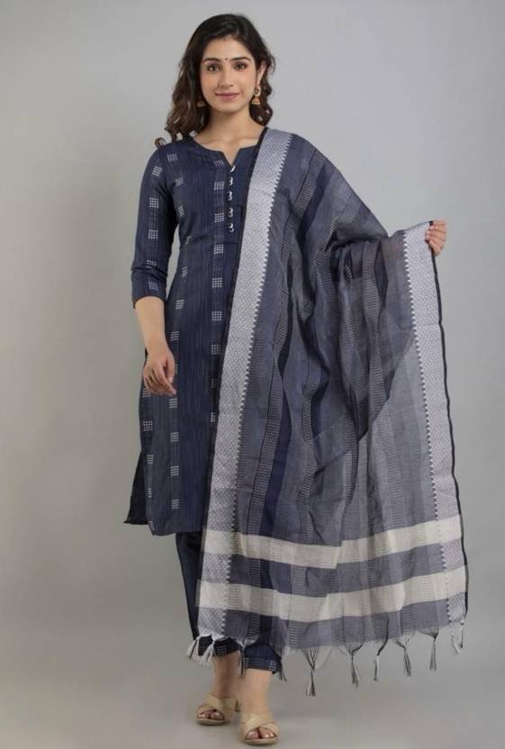 Pack of 3 Women Solid Pure Cotton A-line Kurta (Blue)